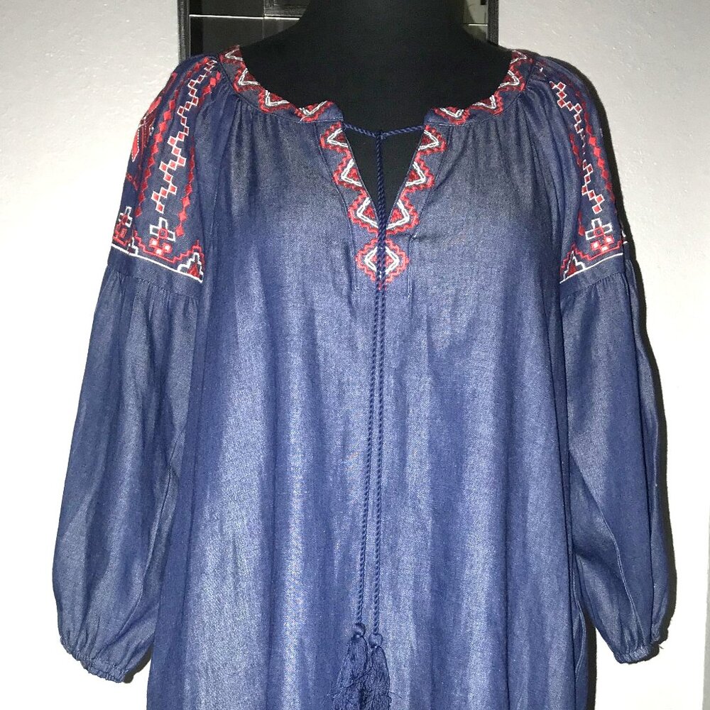 Women Dress or Top Chambray Embroidered Blue Red Cotton